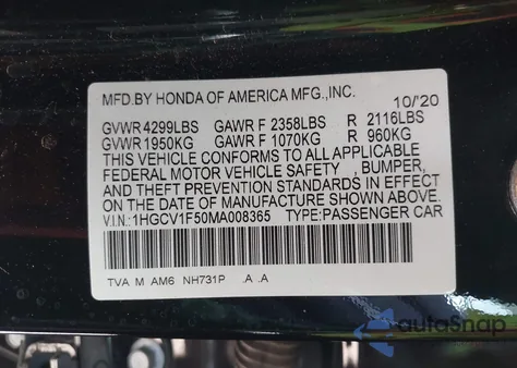 2021 Honda Accord Ex-L from USA, damaged, VIN 1HGCV1F50MA008365